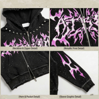 Sudadera con capucha extragrande para hombre, personalizada, con pedrería, de algodón de 420 g/m², estilo urbano oscuro, con gráfico DTG, efecto desgastado y doble cremallera