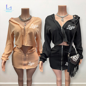 Huili New Trending Custom Logo Soft Breathable Raw Hem Hooded Top &amp; Zipper Mini Skirt Outfit Hoodie Two Piece Set Women <strong>Clothing</strong> - Product Image 2