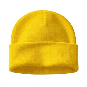 Bonnet unisexe jaune en acrylique tricoté 100% couleur unie, casquette décontractée d'hiver pour adultes, circonférence de la tête 56-58CM - Product Image 1