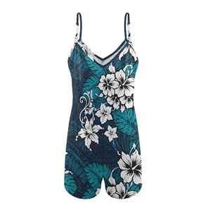 <span class=keywords><strong>Tuta</strong></span> <span class=keywords><strong>corta</strong></span> estiva da donna con motivo floreale e foglie polinesiane, scollo a V, senza maniche, con tasche - Product Image 5