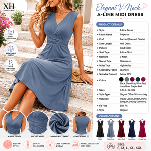 Robe midi sans manches unie à col en V et taille froncée croisée pour femme - Product Image 2
