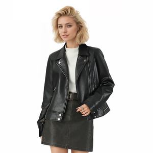 <span class=keywords><strong>Chaqueta</strong></span> de Cuero Negra para Mujer, Estilo Motociclista, Informal, Corta, Ajustada, de Moda, Personalizable - Product Image 6