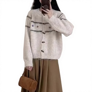 Novo Cardigã Feminino de Tricô com Gola de Botões e Forro de Lã Acrílica, Estilo Japonês/Coreano, com Blocos de Cores, para Outono - Venda Internacional - Product Image 1