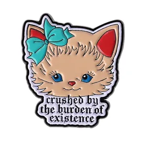 Broches en émail chat 'Écrasé par le fardeau de l'existence', broches chat mignonnes de dessin animé, badges pour sac à dos et revers, bijoux amusants, cadeau pour amis - Product Image 1