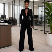 Ensemble Tailleur Femme 2 Pièces Haut de Gamme Élégant Hiver : Blazer Perlé Boutonné Col V Manches Longues et Pantalon Droit