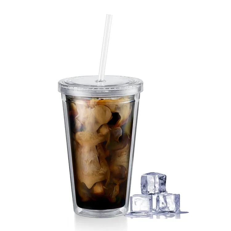도매 이중 벽 아크릴 텀블러 16oz, 아이스 커피용 뚜껑과 빨대 콜드 컵이있는 여름 스무디 음료 플라스틱 텀블러