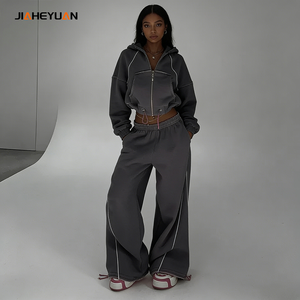 Custom 2 Piece Mulheres Drawstring Calças Set Fatos de Alta Qualidade Cropped Zip up Hoodie e Calças Perna Larga Set Mulheres - Product Image 3