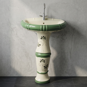 Vinus Vitrosa White Mint Green Round Ceramic Wash Basin with <b>Full</b> Pedestal Designer Bathroom - Product Image 6