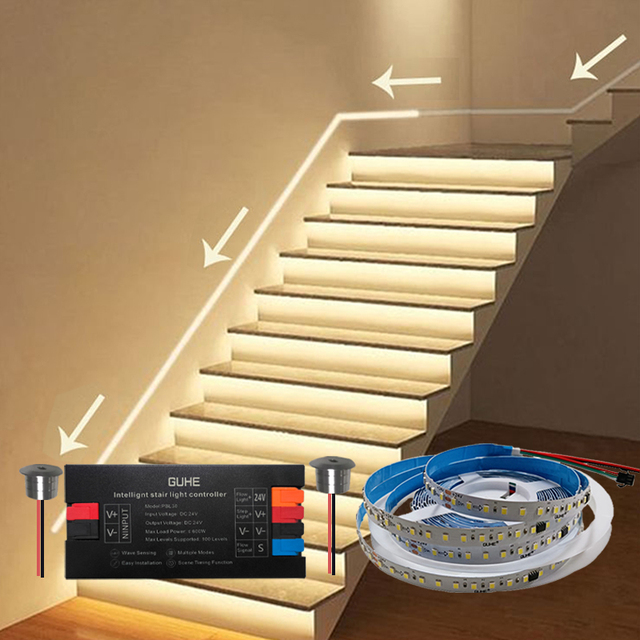 24V LED Stair Light Controller with 2-Motion Sensor Double White Step Light White Running Water Strip Each Floor 8mm PCB Width