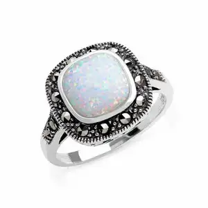 Cổ Điển Cổ 925 Sterling Bạc Bezel Đặt Đệm Cắt Vuông Marcasite Và Halo Lửa Opal Bridal Engagement Ring Trang Sức