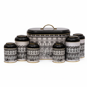 Ensemble de cuisine rond en étain de 7 pièces Kontensan avec couvercles en dôme, illustré par des paysages urbains vintage et un design urbain - Product Image 2