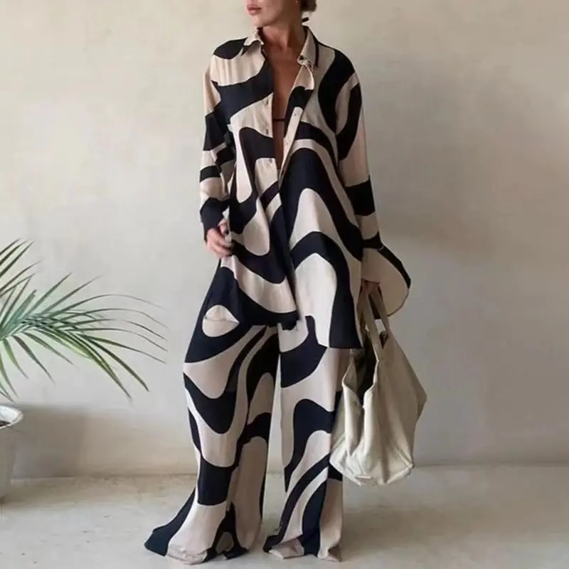 2022 New Fashion Printed Loose Long Sleeve Shirt Straight Leg Pants Elegant Ladies Suit