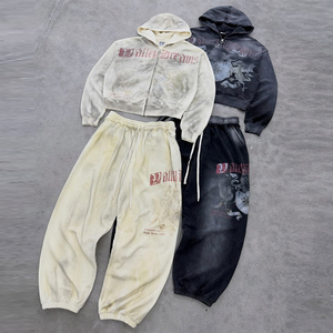 Huili Nhà Máy Mới Thời Trang Cổ Điển Rửa Quá Khổ 2 Mảnh Bộ Đồ Thể Thao Tùy Chỉnh In Người Đàn Ông Đồ Họa Áo Và Quần Bó Sát Thiết Lập - Product Image 3