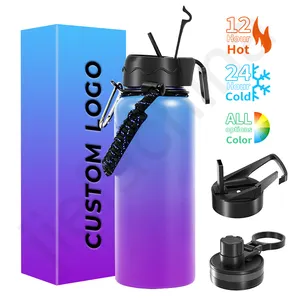 Large Capacity 1200Ml Travel Custom Logo Double Wall Wide Mouth Stainless Steel Water Bottles Water With Straw