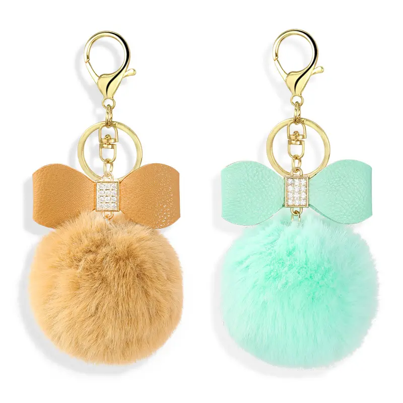 New arrival Korea style High quality faux rabbit fur ball pom pom car keychain with rhinestone PU bowknot