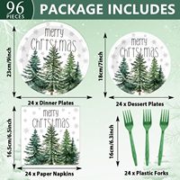 Ensemble de 96 assiettes et serviettes en papier de Noël, design aquarelle, motifs de cèdres et de pin, pour 24 invités, décoration de table pour fête de Noël