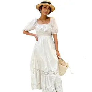 Korean Dress Supplier Cotton Summer Cutwork Embroidery Temperament Cowl Neck Short Puff Sleeve Midi Dress Dress For Woman