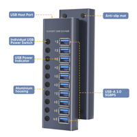 Hub USB 3.2 de 10 Puertos con Interruptores Individuales de Encendido/Apagado, Adaptador de Corriente de 12V, Aleación de Aluminio, para Laptop/PC, en Stock, 10Gbps USB-A 3.0