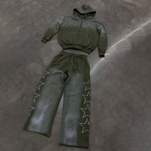 Conjunto de Sudadera con Capucha y Pantalones de Chándal de Algodón Grueso con Cremallera, Estilo Streetwear, Lavado Ácido, Efecto Desgastado por el Sol, con Pedrería y Logotipo Personalizado - Product Image 2