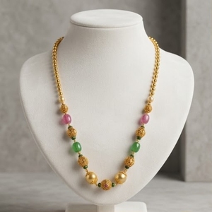 Collar Mala Antiguo de Plata 925 con Cuentas Rosas y Verdes y Detalles de Perlas, Joyería Étnica Tradicional para Mujer, Regalo de Boda - Product Image 6