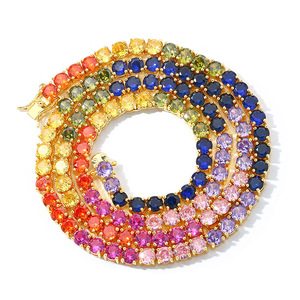 Customized Luxury Jewelry 10K Solid Gold Lab Grown Gemstone 4mm Tennis <b>Chain</b> Rainbow Lab Sapphire Ruby Tennis Necklace - Product Image 3