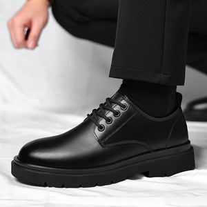 Bottes Martin pour hommes, en cuir, à bout rond, à lacets, doublure en peluche, semelle extérieure en caoutchouc respirante, couleur unie, chaussures décontractées - Product Image 2