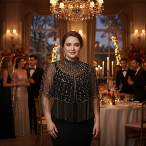 Sophisticated Vintage Geometric Pattern Evening Dress Plus Size Half-Sleeve Sheer Poncho Cape Autumn Formal Breathable <b>Sequined</b> - Product Image 3