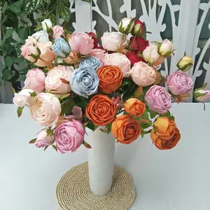 High Quality Silk 5 Head Wedding Decoration Roses Bush Artificial Flowers Rose Bunch For Bridal Bouquet For Home Decoration