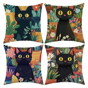 Funda de almohada con dibujo de gato negro, funda de cojín cuadrada lavable para decoración de sofá de sala de estar - Product Image 1