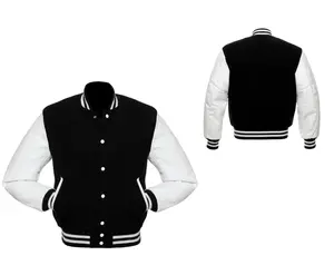 Men's Letterman Varsity Bomber Jacket with white Strip Genuine Leather Sleeves