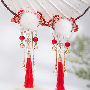 Liquidación de accesorios para el cabello Hanfu, pinzas para el cabello infantiles, pompones, borlas rojas, accesorios de estilo antiguo, adornos festivos para el cabello - Product Image 1