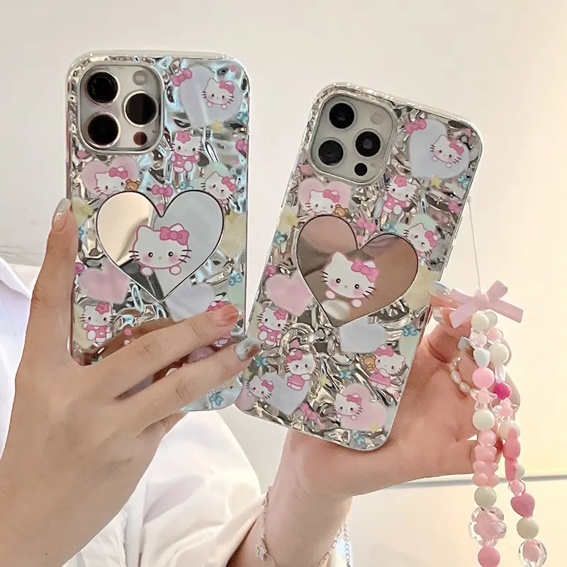 Fashion Silver Kitty Cat Mirror Mobile Phone Case For iPhone 15 14 13 12 Pro max Silicone Full Butterfly Shockproof Back Cover