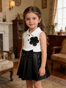Girls' Cotton <strong>White</strong> Color Top &amp; PU <strong>Leather</strong> <strong>Skirt</strong> with Bow Two-Piece Set Breathable Casual - Product Image 2