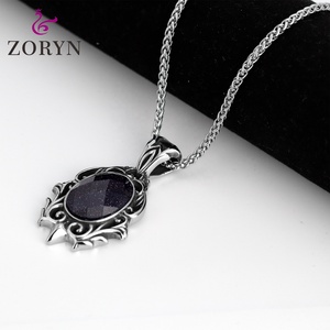 Colliers pendentifs personnalisés en acier inoxydable, motif vintage, pierre de grès bleue, bijoux de mode gothique punk en acier titane pour hommes - Product Image 2