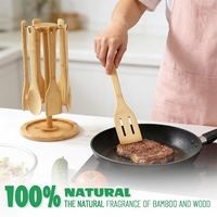 Ensemble d'ustensiles de cuisine en bambou avec support rotatif, 6 pièces, support suspendu 35 cm, organisateur d'ustensiles de cuisine naturel