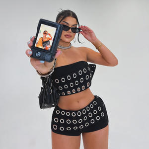 Trendy kadın etek seti kırpma gömlek üst ve delik şort eşleştirme 2 parça Set seksi Vintage iki parçalı Set seksi kadın giyim - Product Image 3