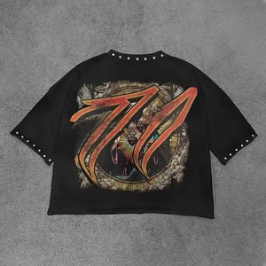 T-shirt da uomo personalizzata con grafica, pesante, effetto distressed, lavaggio acido, 300 g/m², con strass, taglio cropped e vestibilità boxy - Product Image 2