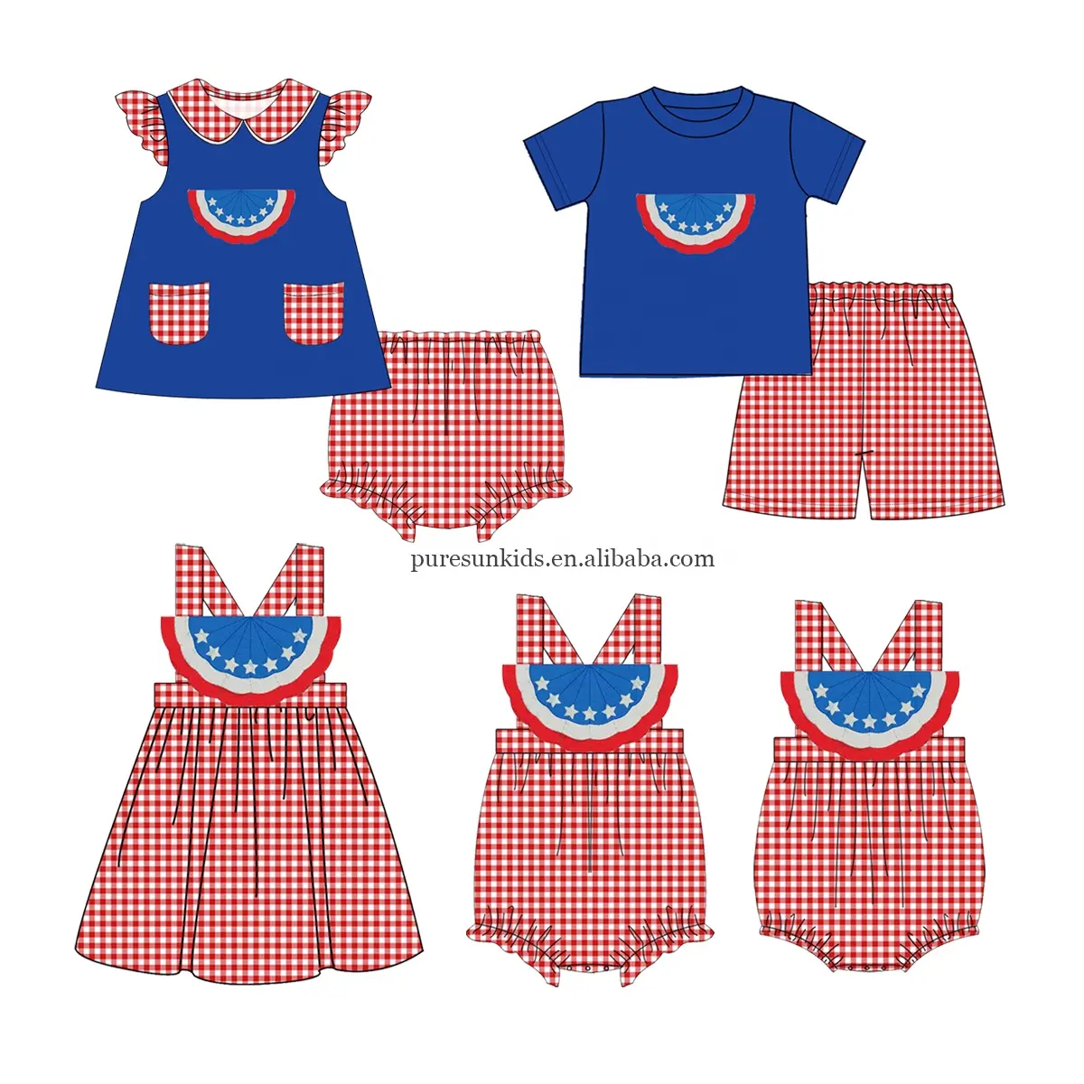 Patriotic julho de 4th americano, design de bordado puresun, alta qualidade, xadrez vermelho, roupa casual, bebê, meninos, conjunto de roupas