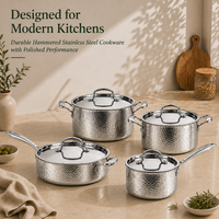 En gros Batterie de cuisine en acier inoxydable martelé avec couvercles, comprenant Casserole, Faitout, Poêle à frire, compatible induction, OEM