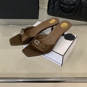 Mules en satin marron à bout carré avec boucle en cristal, élégantes, talon de 5 cm, chaussures habillées pour femmes, pantoufles pour dames - Product Image 2