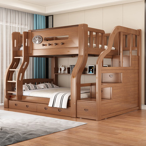 Letto a Castello in Legno Massello Stile Country Americano, Singolo su Matrimoniale, con Scala, Cassetti Contenitore, Scaffali Aperti e Sponda di Sicurezza, Arredamento per Cameretta Bambini - Product Image 1