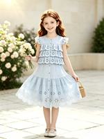 Ensemble 2 pièces vintage pour filles : Blouse à manches volantées brodée en coton ajouré + Jupe midi évasée froncée – Idéal pour les fêtes