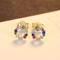 Boucles d'oreilles tendance en argent S925 plaqué or 18 carats avec zircons colorés, bijoux fins en argent 925, boucles d'oreilles créoles ouvertes en forme de couronne avec zircons cubiques