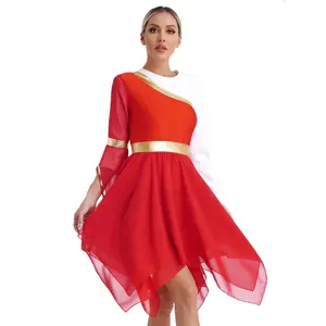 Womens Praise Dance Dress 1 Shoulder Sequin Trim Flare Sleeve Irregular Hem Liturgical Dresses