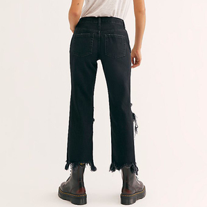 <span class=keywords><strong>2022</strong></span> mujer <span class=keywords><strong>moda</strong></span> mamá Jeans logotipo personalizado negro Denim rasgado mujeres Jeans pantalones sueltos destruidos Boyfriend Jeans - Product Image 5