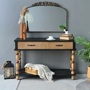 Easy Assembly 47.64" Accent <b>Rustic</b> Rectangle Solid Wooden Carved <b>Console</b> <b>Table</b> With Turning Legs - Product Image 1