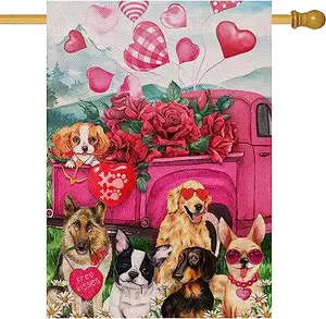День Святого Валентина розовая роза красный грузовик собака Декоративный дом флаг цветочный сад двор клетчатое сердце снаружи любовное украшение