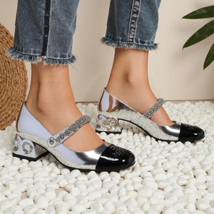 Scarpe Mary Jane di Lusso da Donna, Tacco Quadrato Azzurro e Nero, Strass, Chiusura Slip-on, Cinturino Regolabile, Comode e Imbottite - Product Image 1