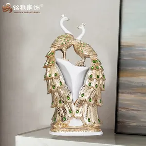 Estatua elegante de dos pavo real para decoración del hogar, escultura de resina dorada de animal