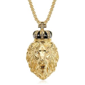 yunnique Lion Head Pendant Necklace Gold Plated Stainless Steel Crown With Rhinestones Men's Hip Hop Jewelry Party Accessory - Product Image 5